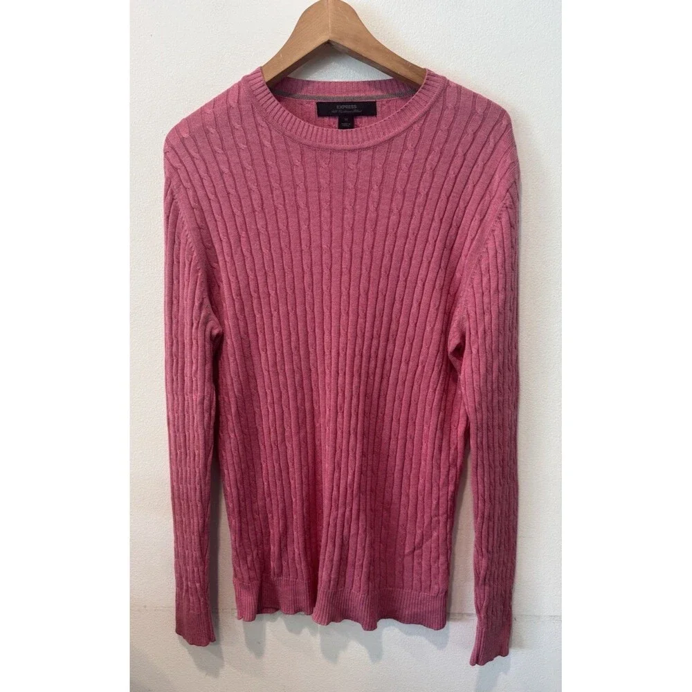 Express Silk Cashmere Blend Pink Cable Knit Crewneck Sweater Women’s M Luxury